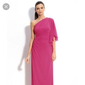 tadashi shoji pink one shoulder chiffon dress